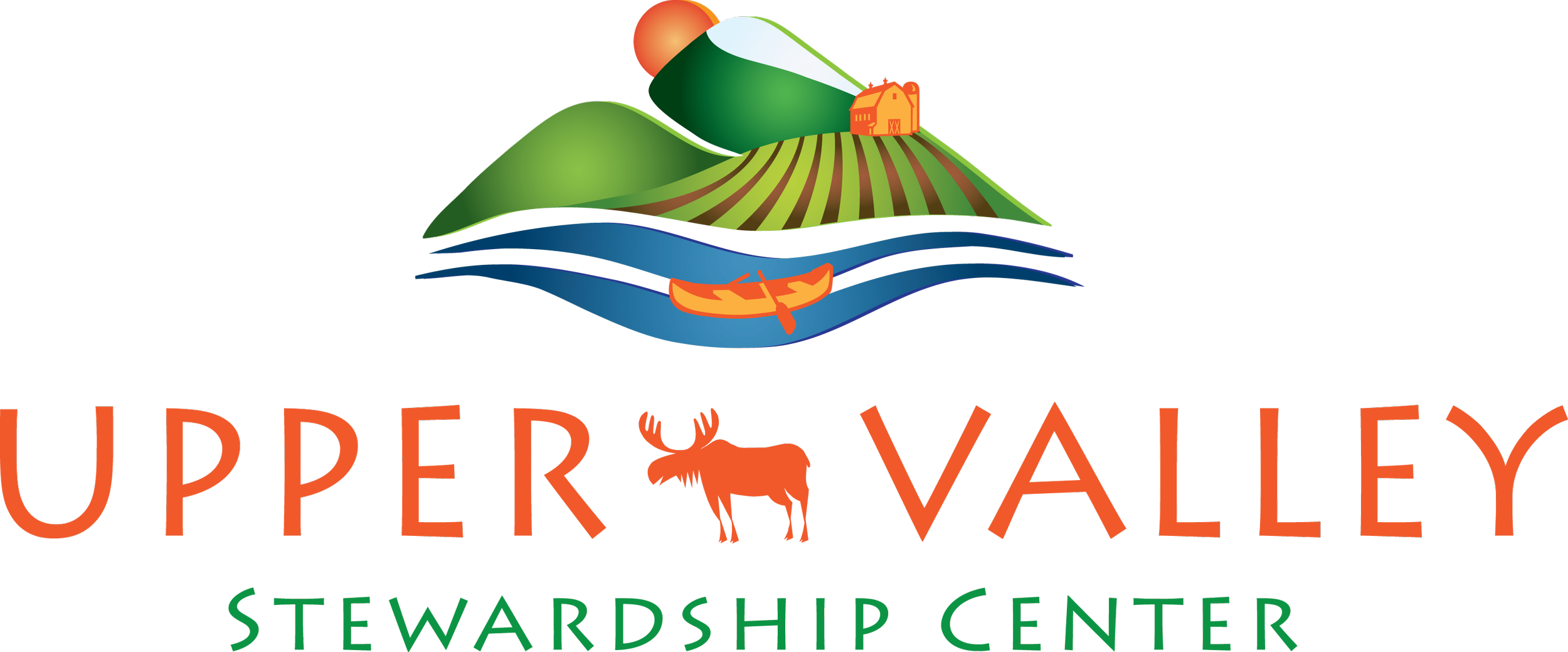 Logo of Upper Valley Stewardship Center featuring green mountains, a barn, a river with a canoe, and a moose above the text 'UPPER VALLEY STEWARDSHIP CENTER'