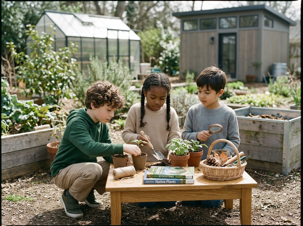 Three children planting potted plants in a garden, with gardening tools and books on a wooden table. A greenhouse and garden shed are visible in the background.