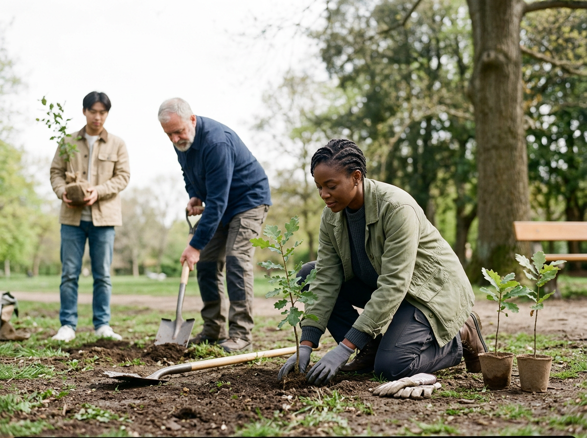 People planting young trees in a park.