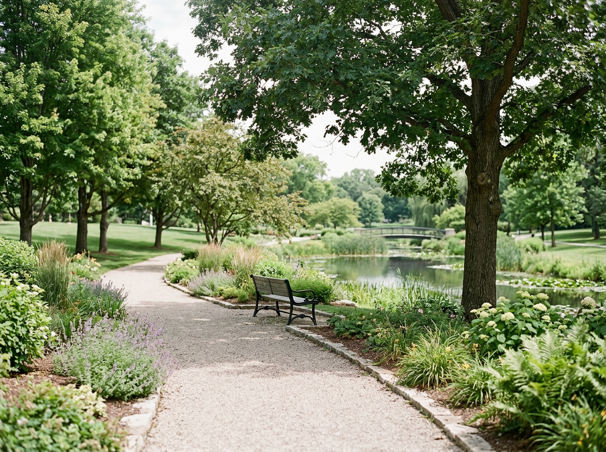 A peaceful park scene featuring a gravel walking path, green trees, flowering bushes, a bench, and a pond with a bridge in the background.