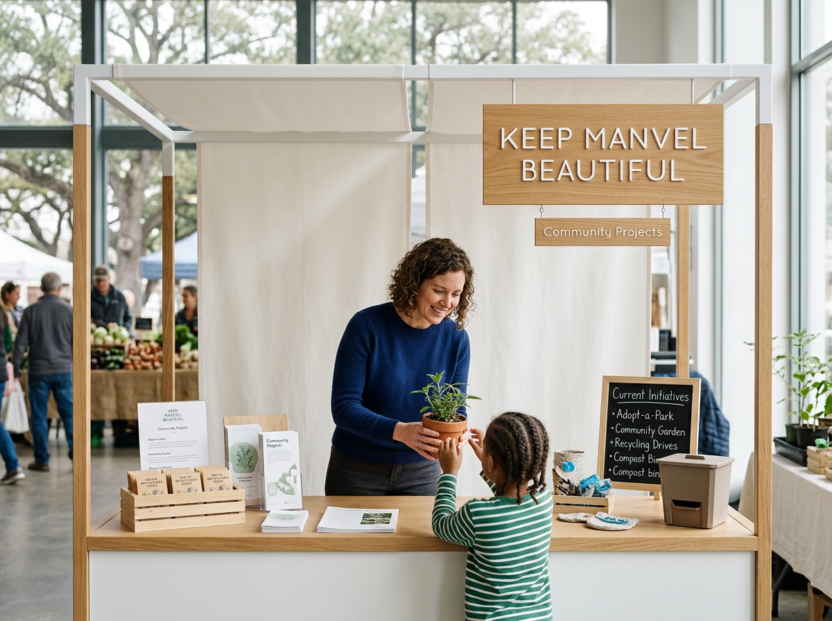 A woman at a community project booth handing a small potted plant to a young girl inside a building with large windows.