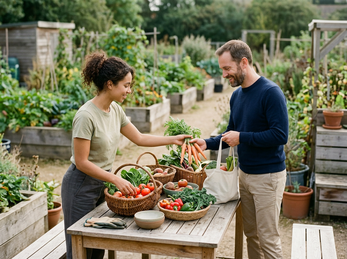 A woman and a man exchanging freshly picked carrots and other vegetables at an outdoor garden or farm stand, surrounded by garden beds with green plants.