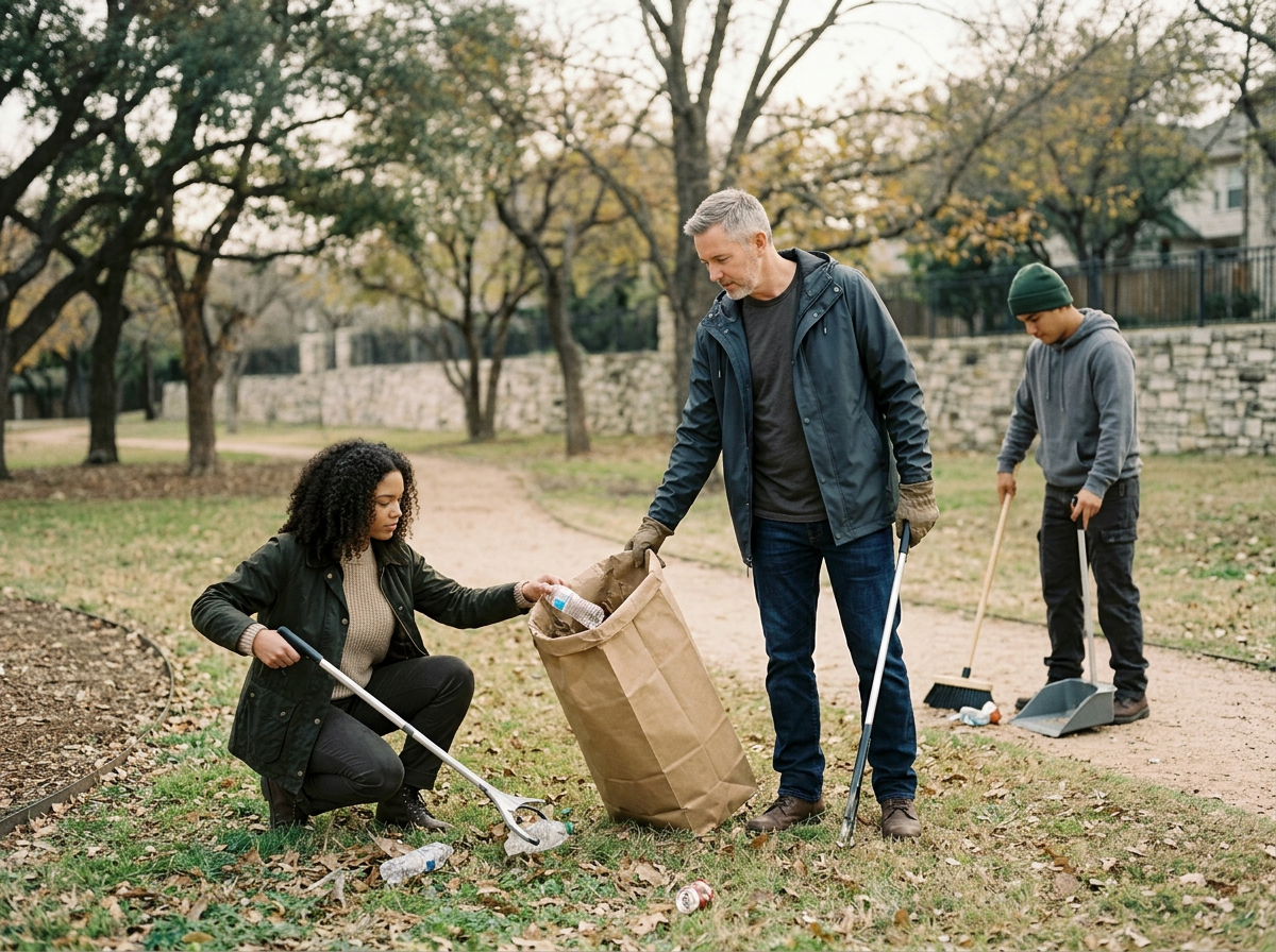 Three people cleaning up trash in a park with trees and a stone wall in the background. A woman is crouching, picking up trash, while a man stands holding a garbage bag open, and a boy sweeps the ground.