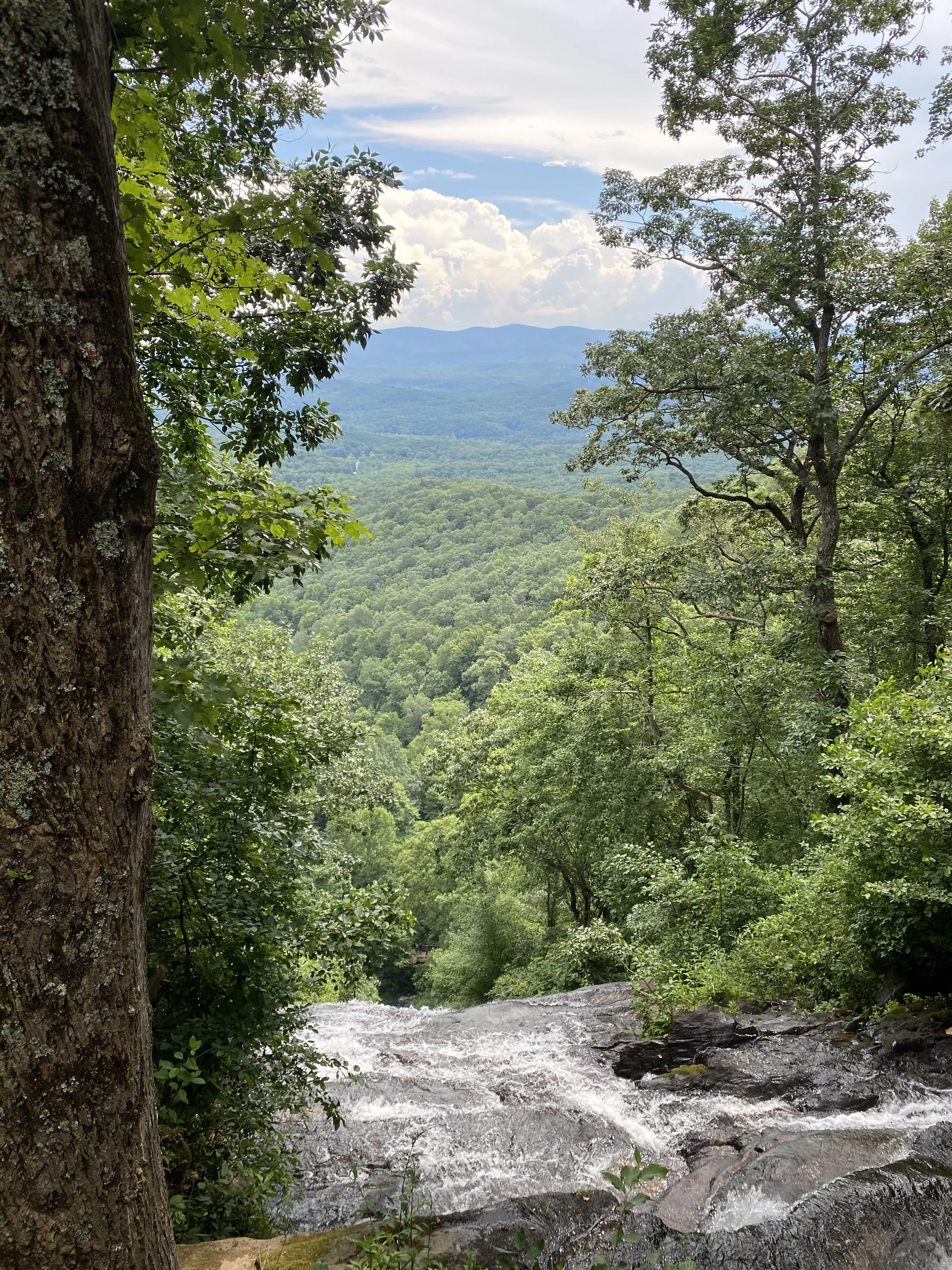 A scenic view of a forested mountain landscape with a flowing river in the foreground, surrounded by lush green trees and a partly cloudy sky in Amicalola Falls, GA.