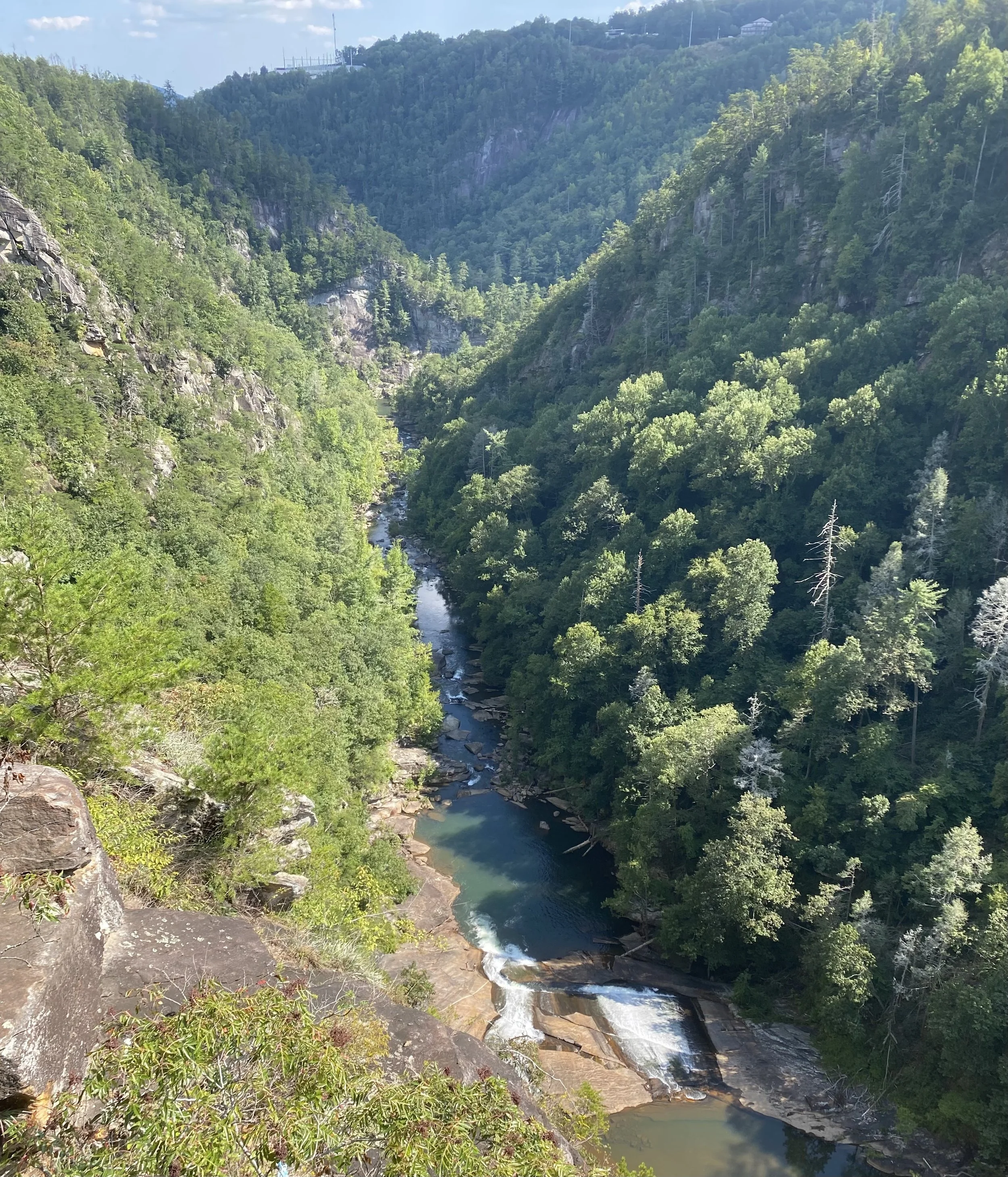 A scenic view of a river flowing through a lush, green valley with dense forested hills on either side and a mountain in the background under a partly cloudy sky at Tallulah Gorge State Park in Tallulah Falls, GA.