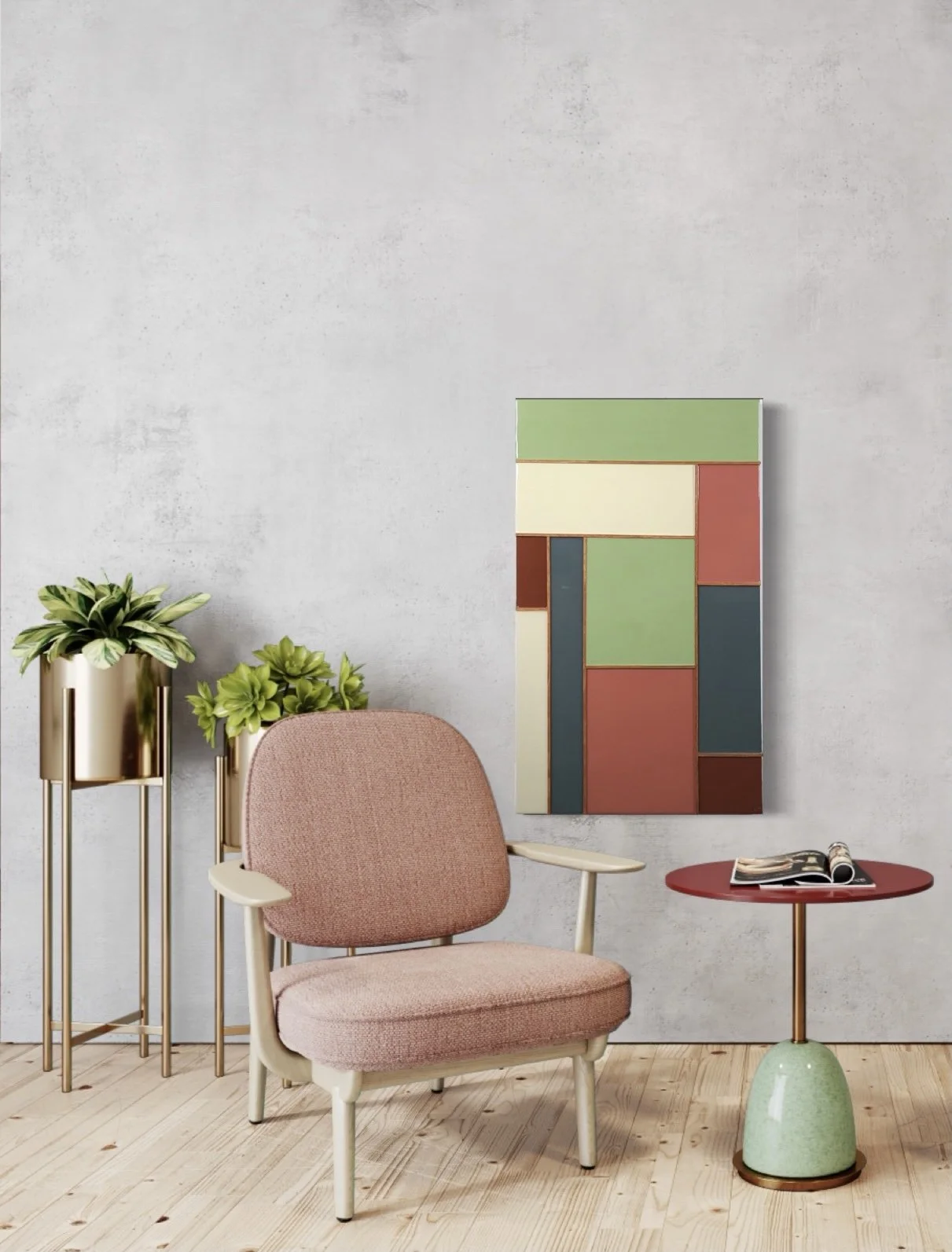 A cozy interior with pink upholstered armchair, small red side table with a magazine, two pots of green plants, and a colorful abstract wall art on a light gray wall.