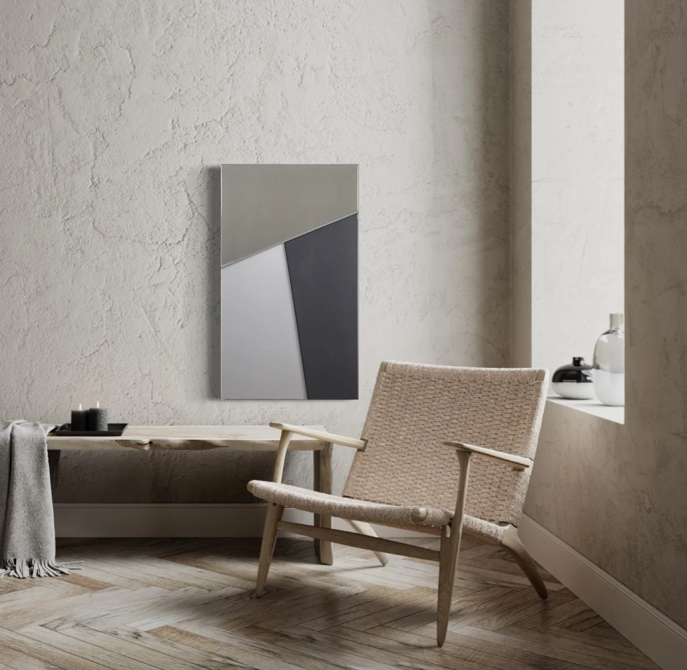 A cozy minimalist interior with a wooden chair, a light-colored wall with textured finish, a modern abstract wall art, and a narrow window with some decorative objects on the window sill.