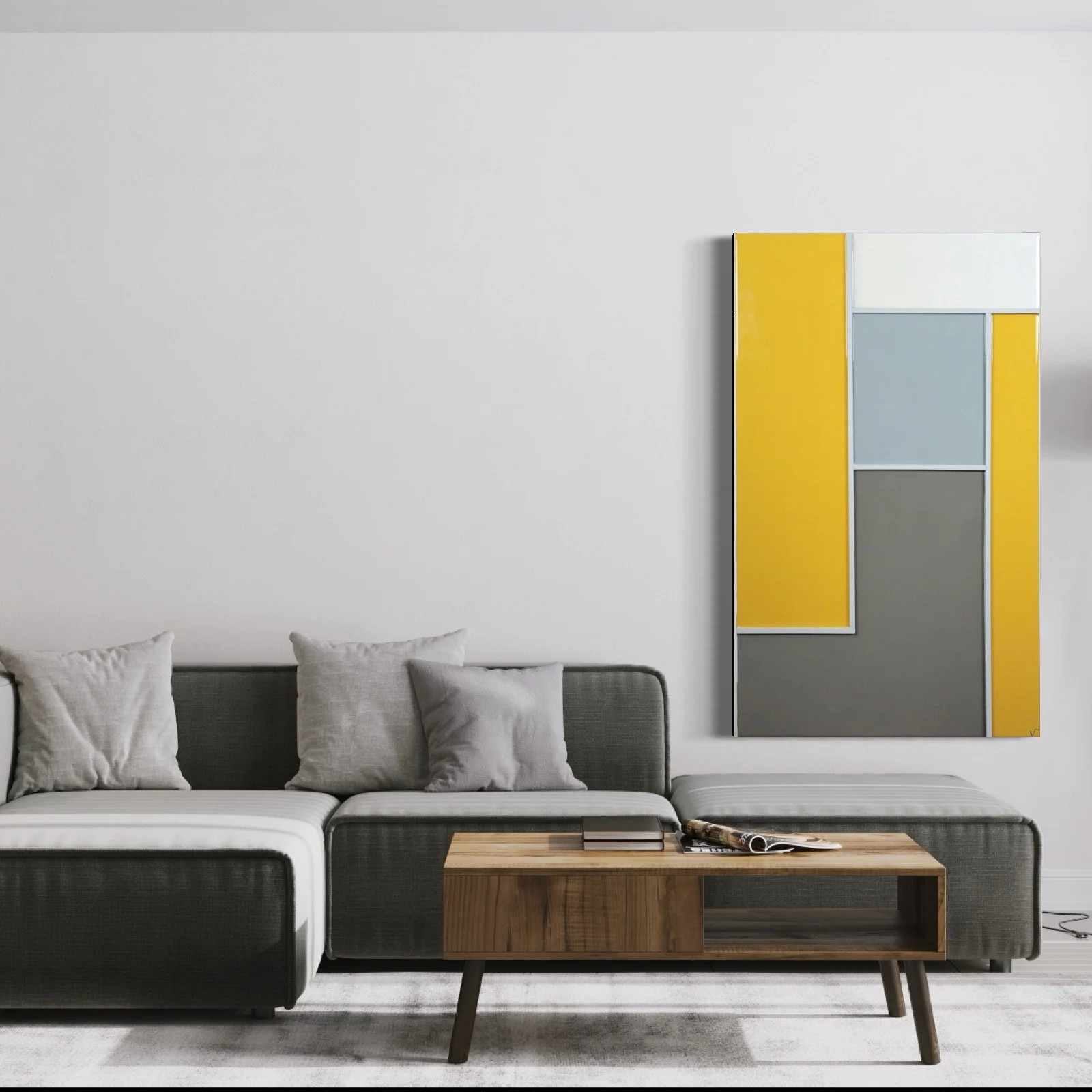 Living room with gray sofa, white pillows, a wooden coffee table with magazines, a large abstract painting with yellow, white, gray, and blue colors on the wall, and a light-colored rug.
