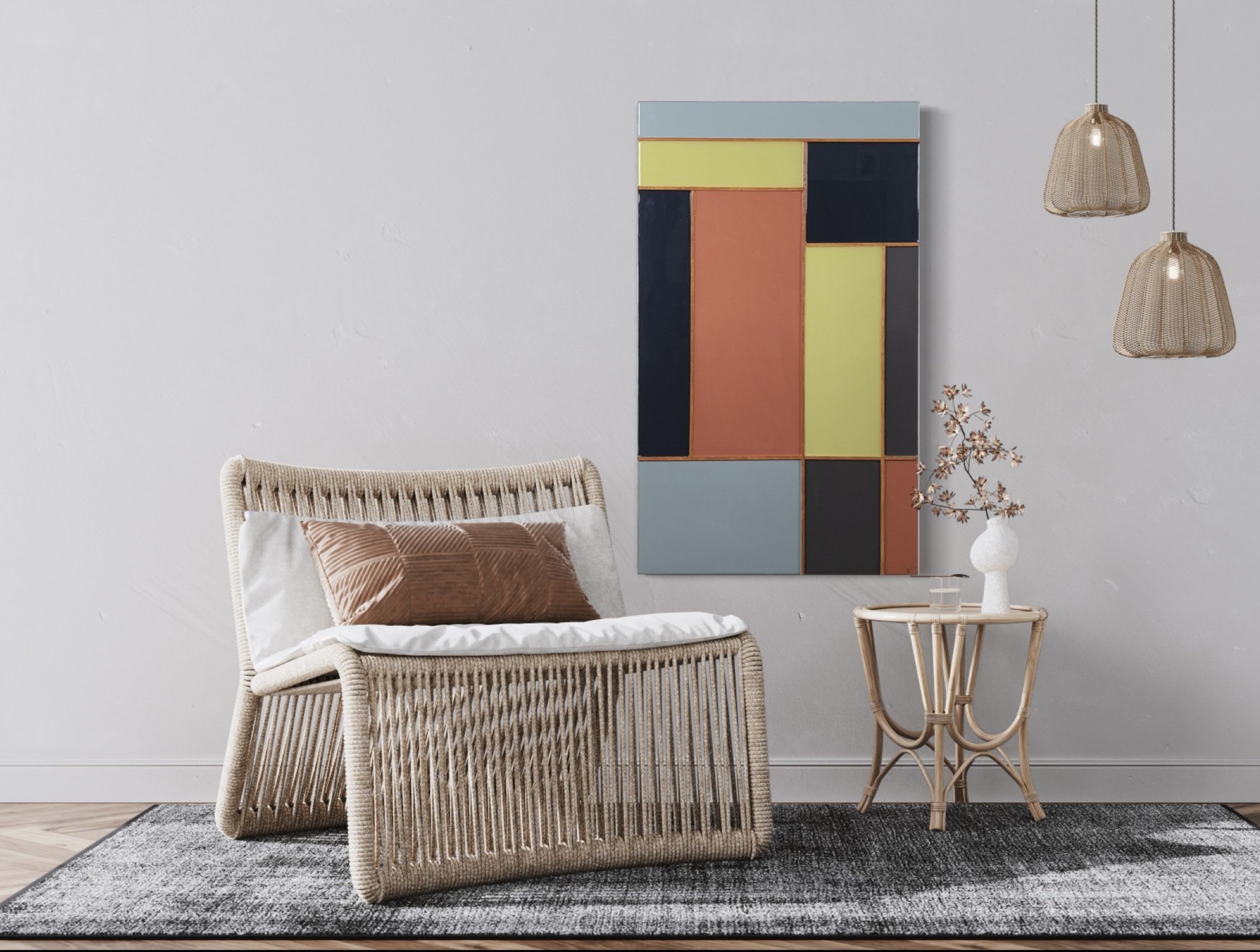 A cozy living room corner featuring a beige rattan armchair with pillows, a modern multicolored cabinet, a small white side table with a vase of dried flowers, and woven pendant lights hanging from the ceiling.