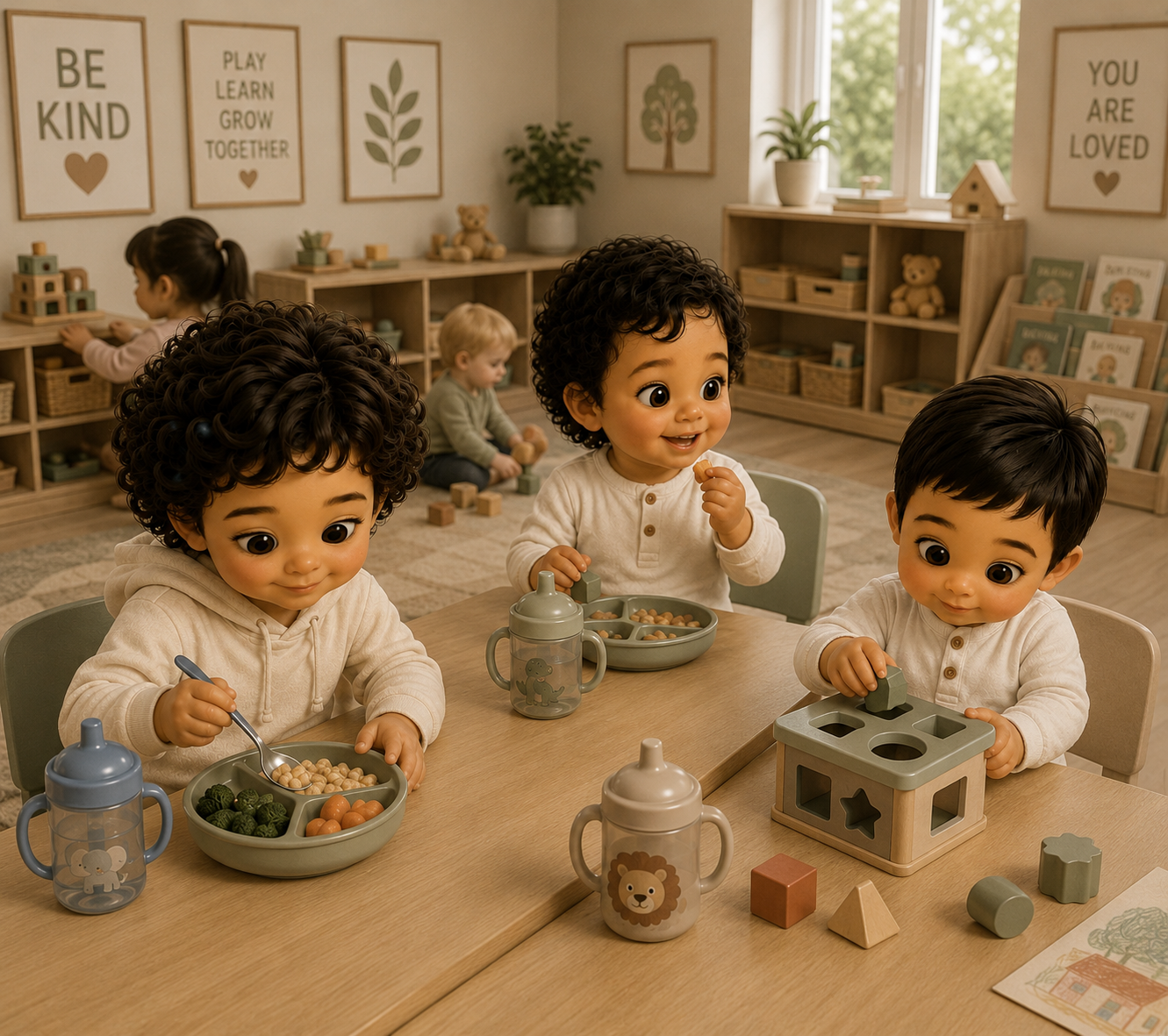 Three children sitting at a table in a classroom, playing with toy food and blocks; they have big eyes and happy expressions. In the background, two other children are playing with toys on shelves, and motivational posters are on the wall.