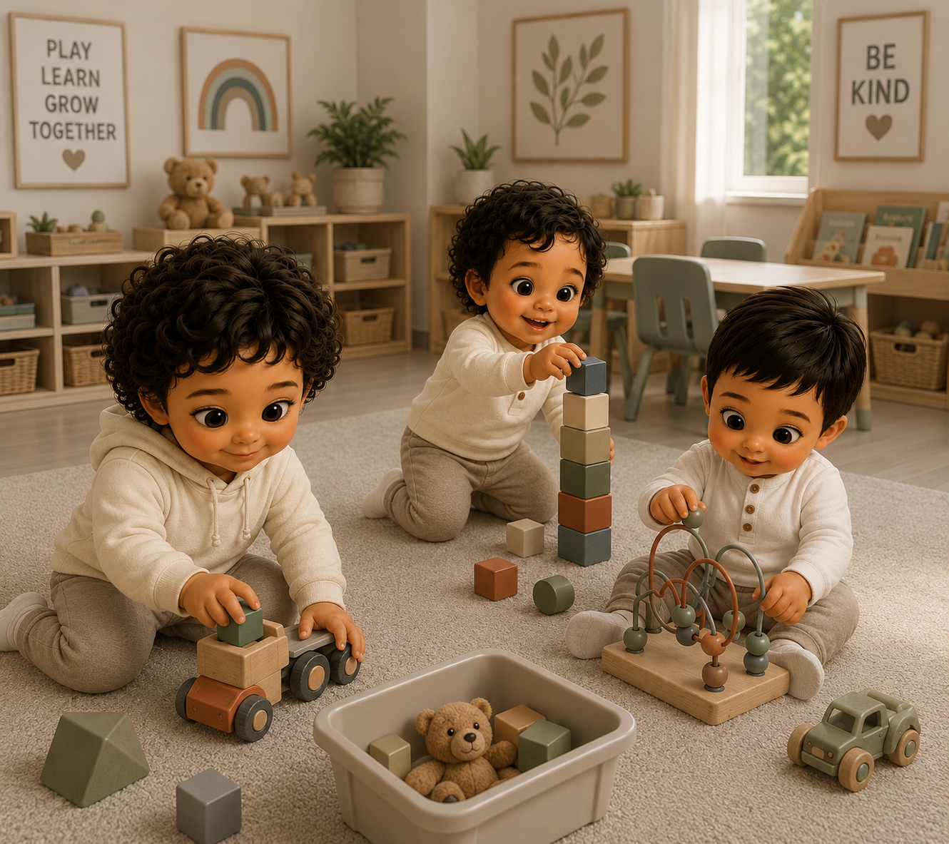Three toddlers playing with toys in a well-lit nursery with framed wall art, plants, and shelves filled with baskets and books.