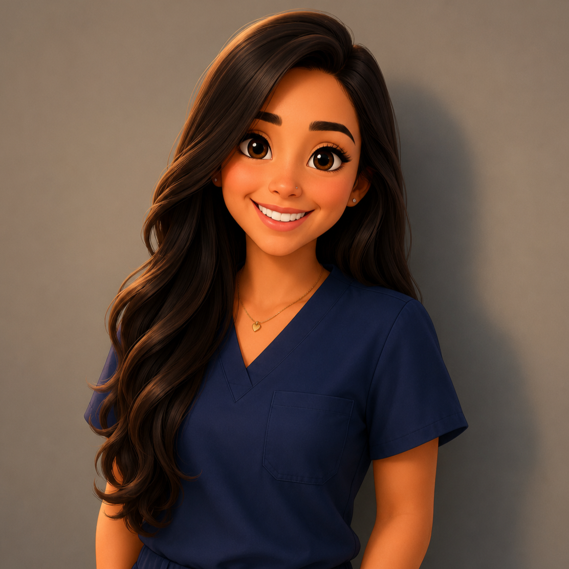 A cartoon-style woman with long, wavy brown hair, wearing navy scrubs, smiling, with a butterfly necklace, standing against a gray background.