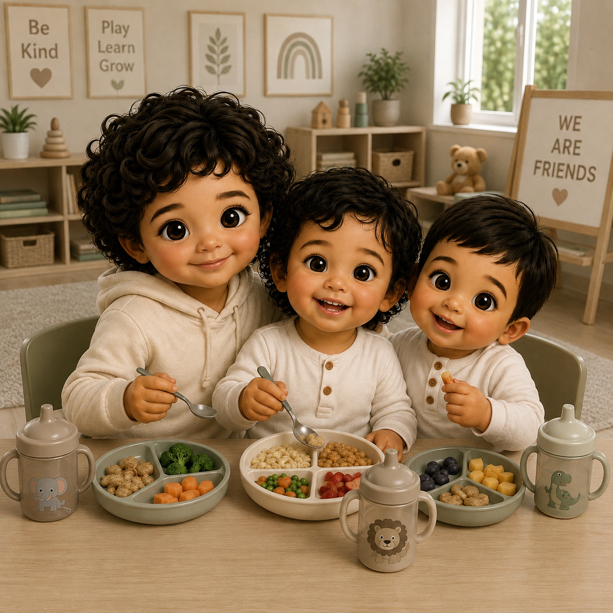 Three happy children with big eyes sitting at a table with divided plates of food, smiling, with cups featuring animal designs, in a cozy room with artwork, plants, and a teddy bear in the background.