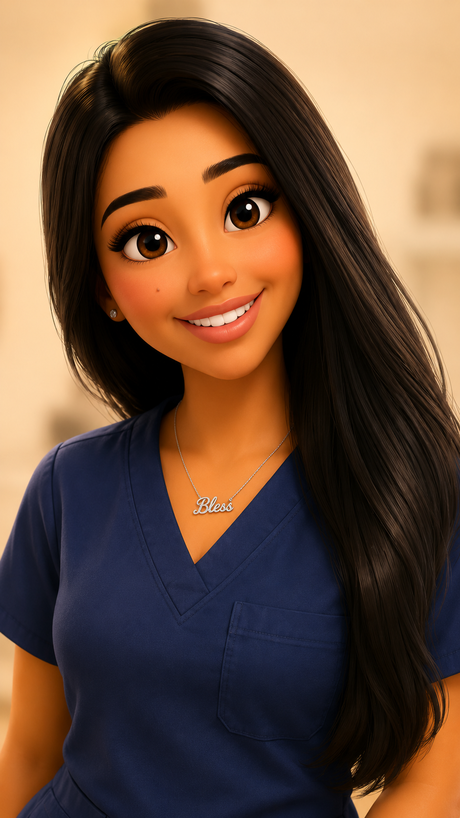 Cartoon illustration of a young woman with long dark hair, wearing a navy blue scrubs top and a necklace that says 'Bless.' She is smiling and looking directly at the camera.