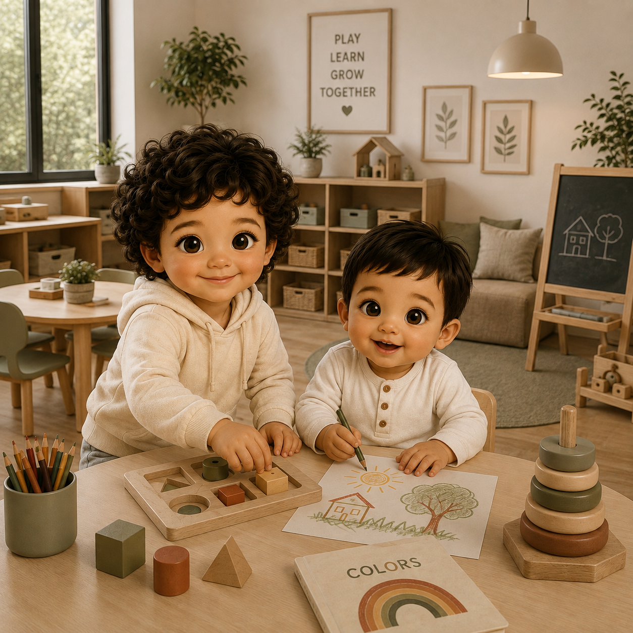Two young children with big eyes smiling at a Montessori-style classroom table, coloring and playing with wooden educational toys.