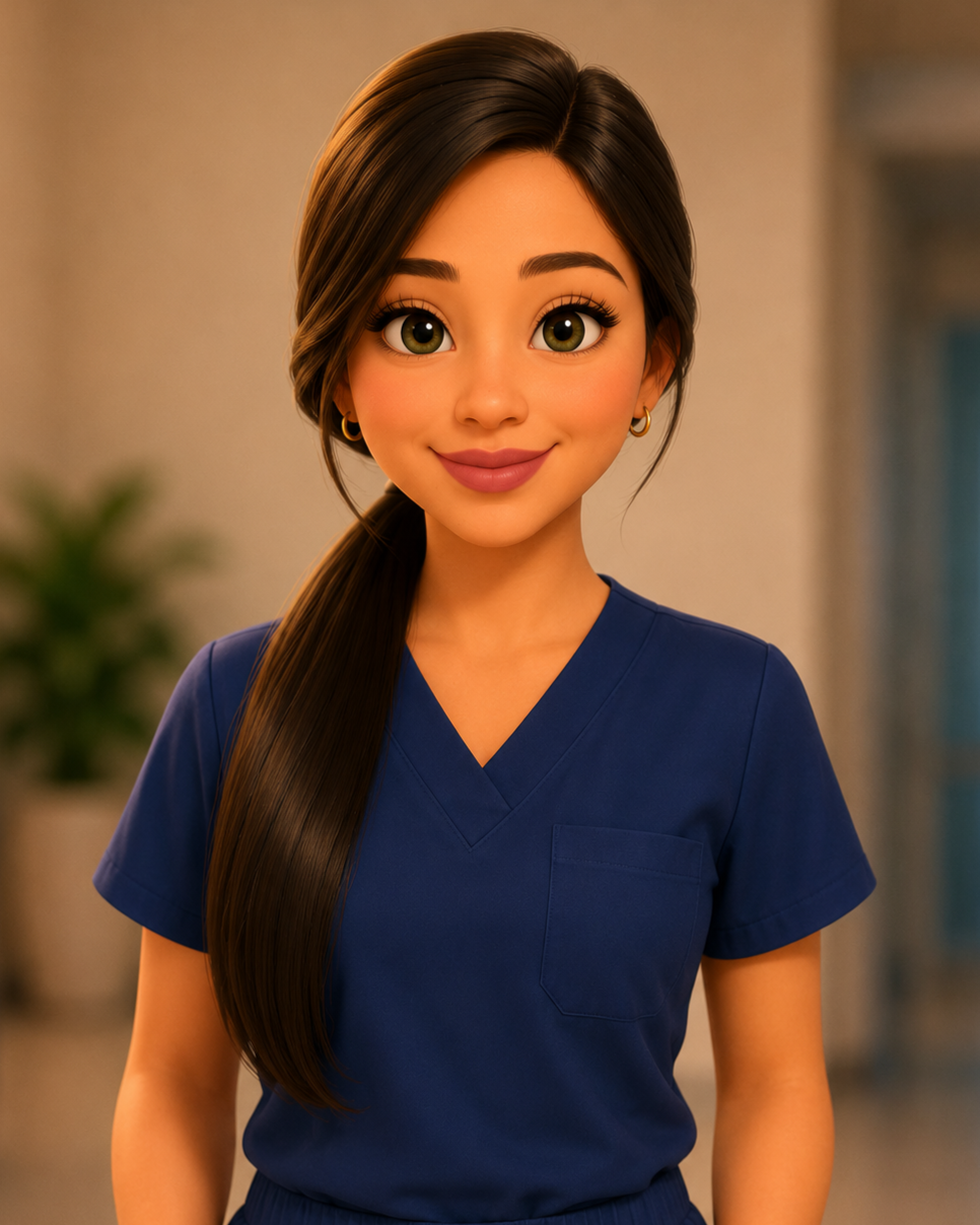 A young woman with long brown hair tied to one side, wearing navy blue scrubs and small gold hoop earrings, smiling in a professional setting.