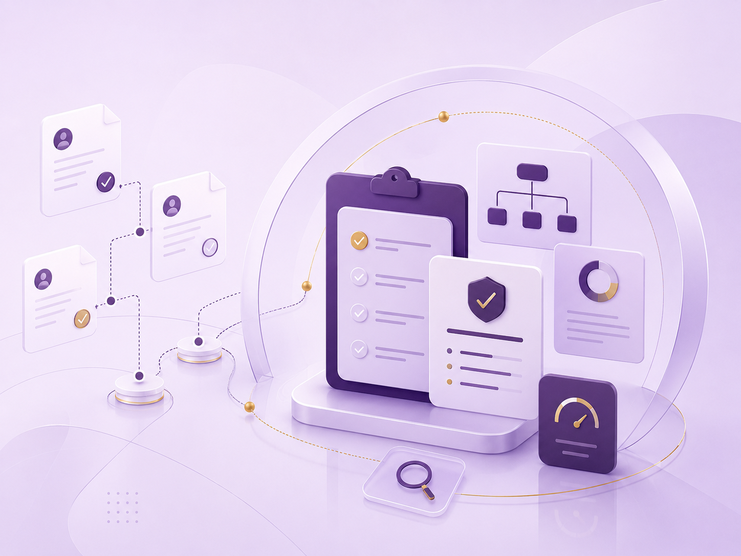 Digital illustration of a workflow management system with checklist, flowchart, shield icon, and graphical data analysis elements on a purple background.