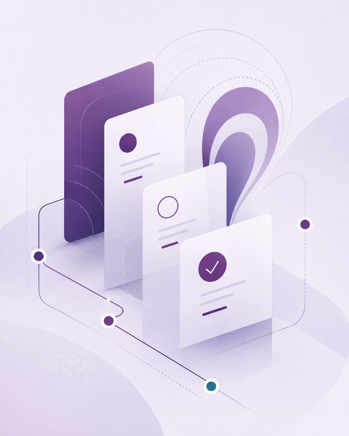 Abstract digital illustration of documents with check marks and icons in shades of purple and white.