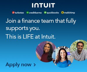 A colorful advertisement for Intuit, featuring logos of TurboTax, Credit Karma, QuickBooks, and Mailchimp, with photos of three diverse smiling individuals and text encouraging to join their finance team.