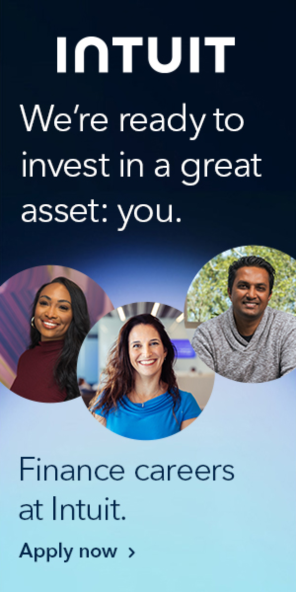 Advertisement for Intuit promoting finance careers featuring three diverse smiling individuals with a message about investing in the viewer and encouraging to apply now.