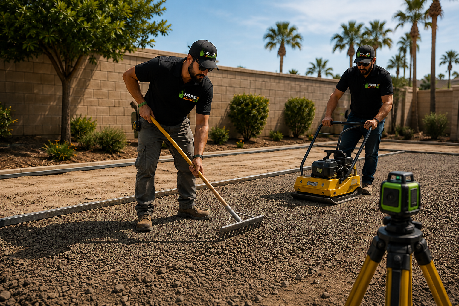 Two workers are leveling a dirt surface outdoors, with one using a rake and the other operating a vibrating plate compactor. There are trees, bushes, and a fence in the background, and a surveying instrument is set up in the foreground.