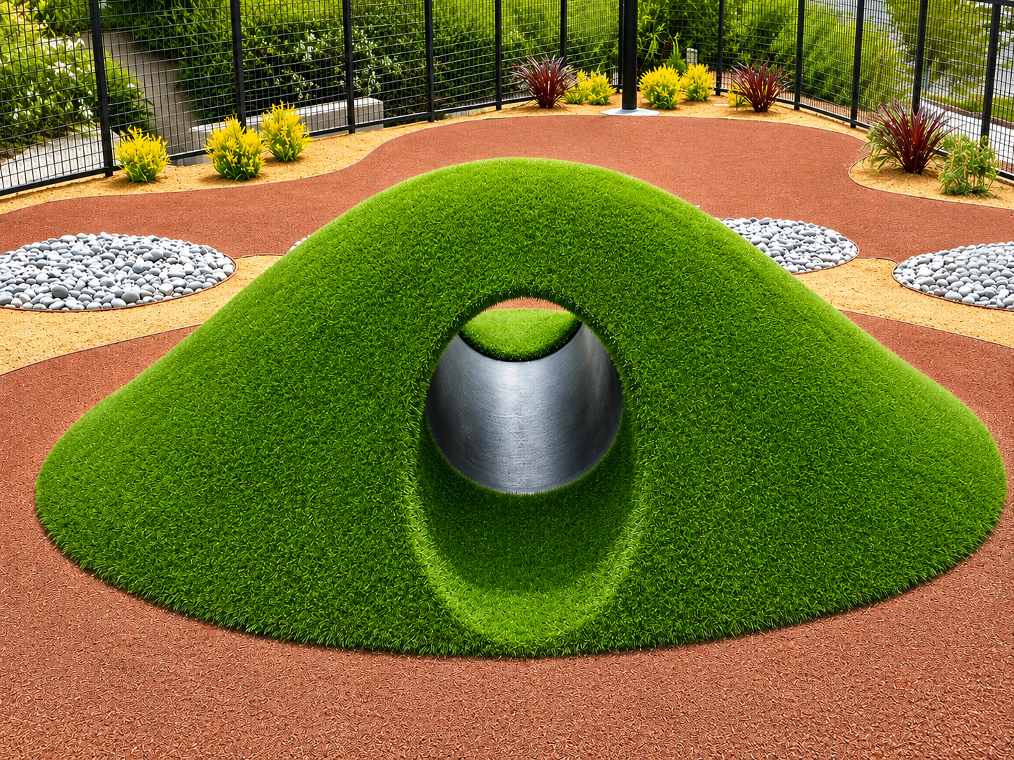 A modern playground with a green, grassy-mound sculpture surrounding a shiny metal tunnel, yellow and red plants, and a black metal fence in the background.