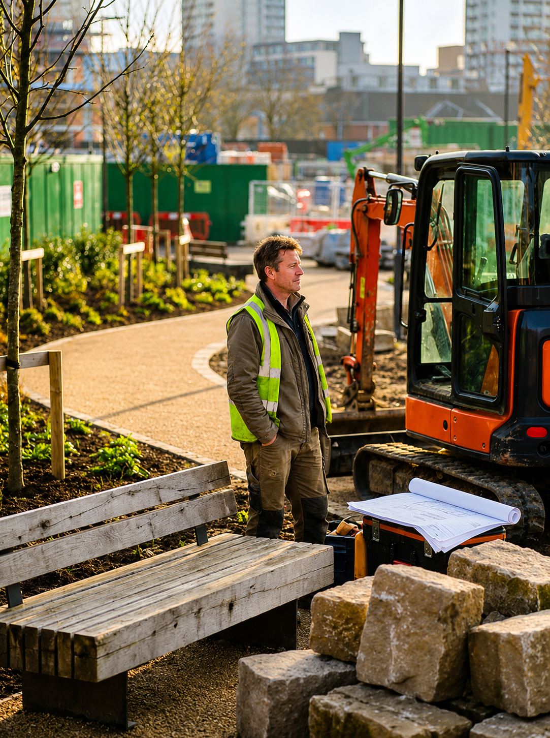 A man in a safety vest standing beside construction equipment at a park site with benches, trees, and city buildings in the background.