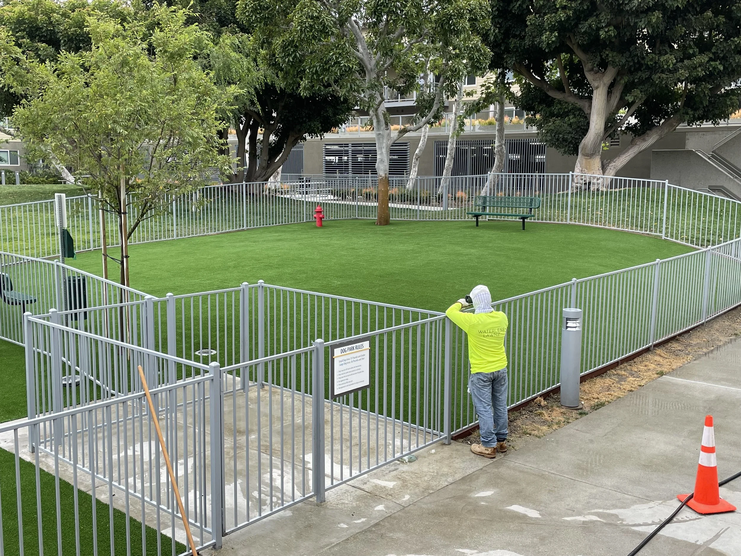 Dog park with green artificial grass surrounded by grey metal fence, trees and worker