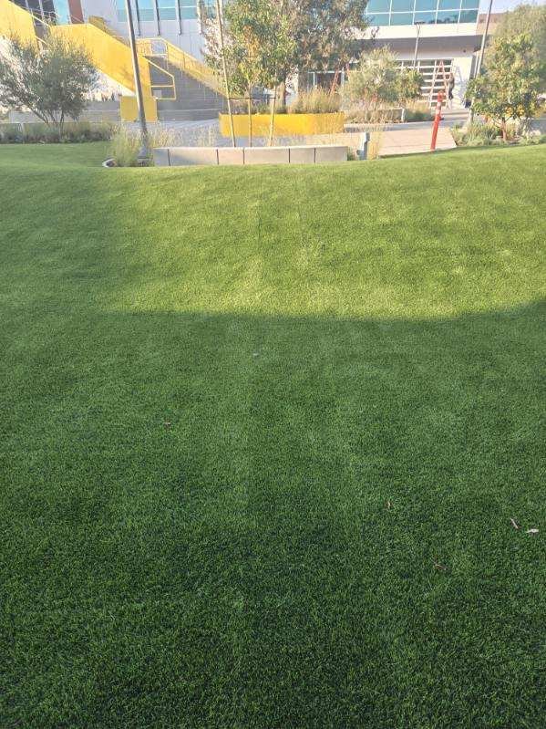 Green artificial grass with 2 obvious seams needing repairs surrounded by trees and bushes
