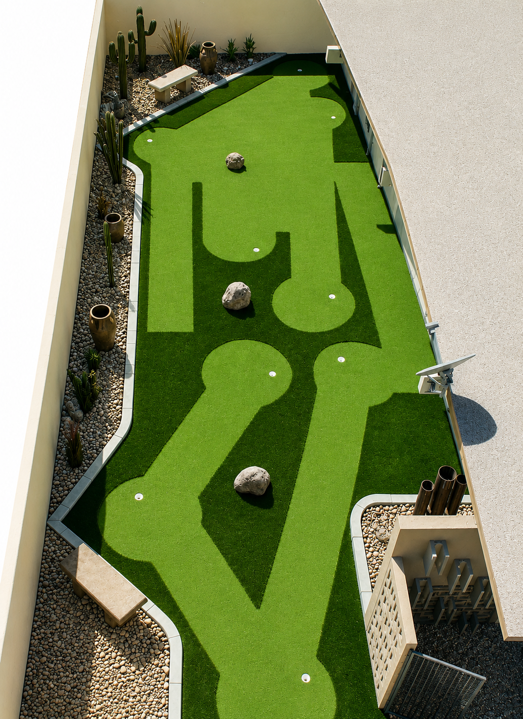A miniature golf course with artificial grass, large rocks, and desert plants along the edges, viewed from above.