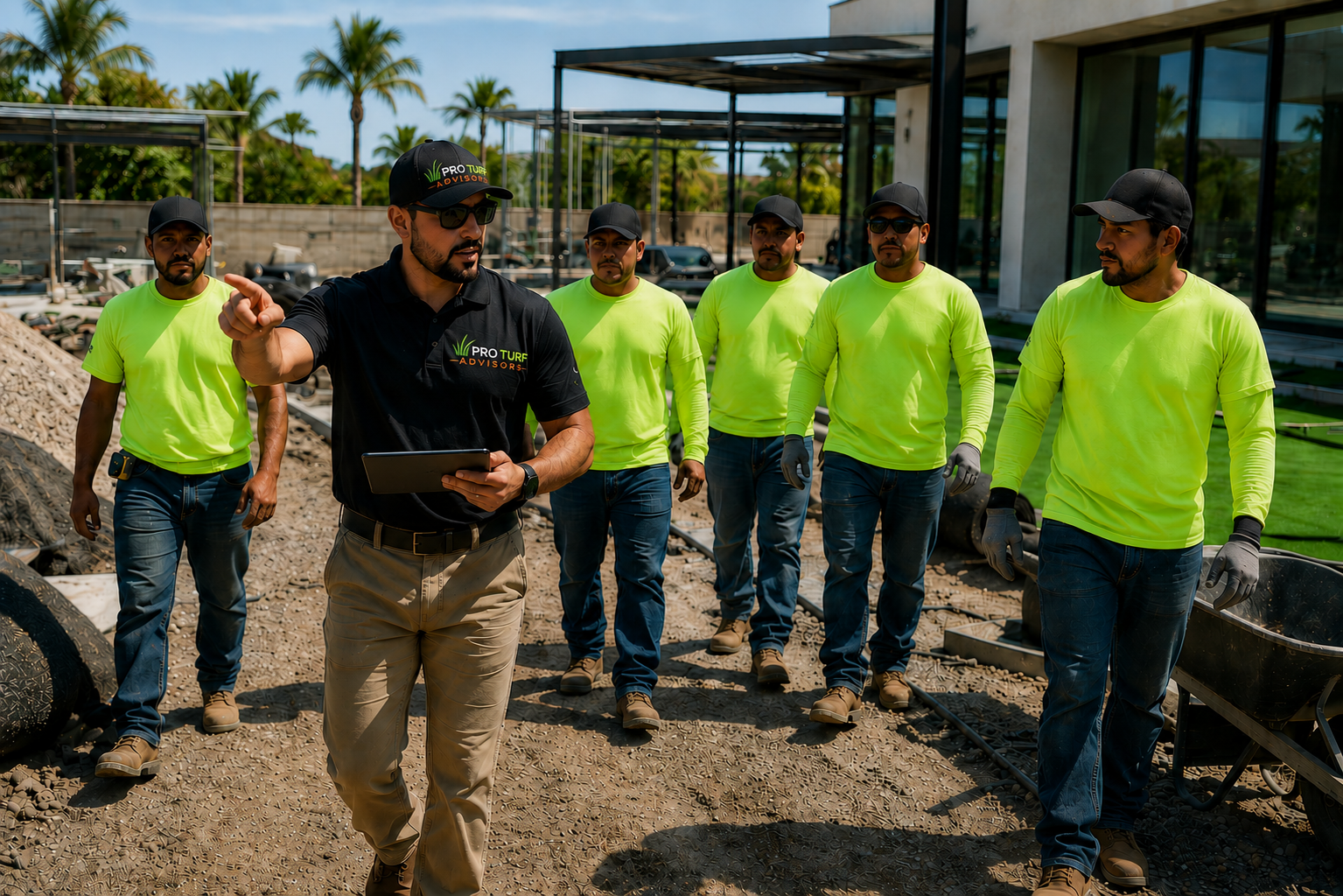 Construction crew in neon shirts listening to supervisor in black shirt with logo, on a sandy outdoor construction site with trees and a building in the background.
