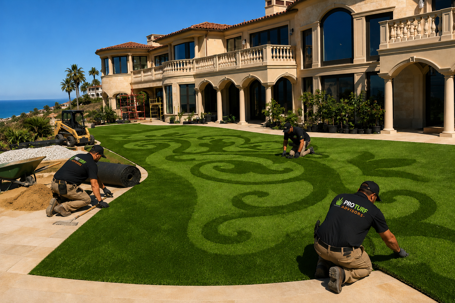 Workers installing decorative sprinkler head-patterned artificial turf in front of a large luxurious house with ocean view, surrounded by palm trees.