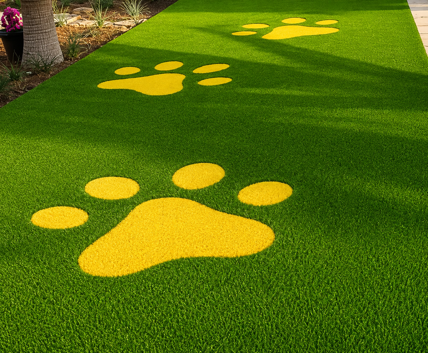 Artificial grass with yellow paw print designs, outdoor setting with trees, plants, and a walkway.