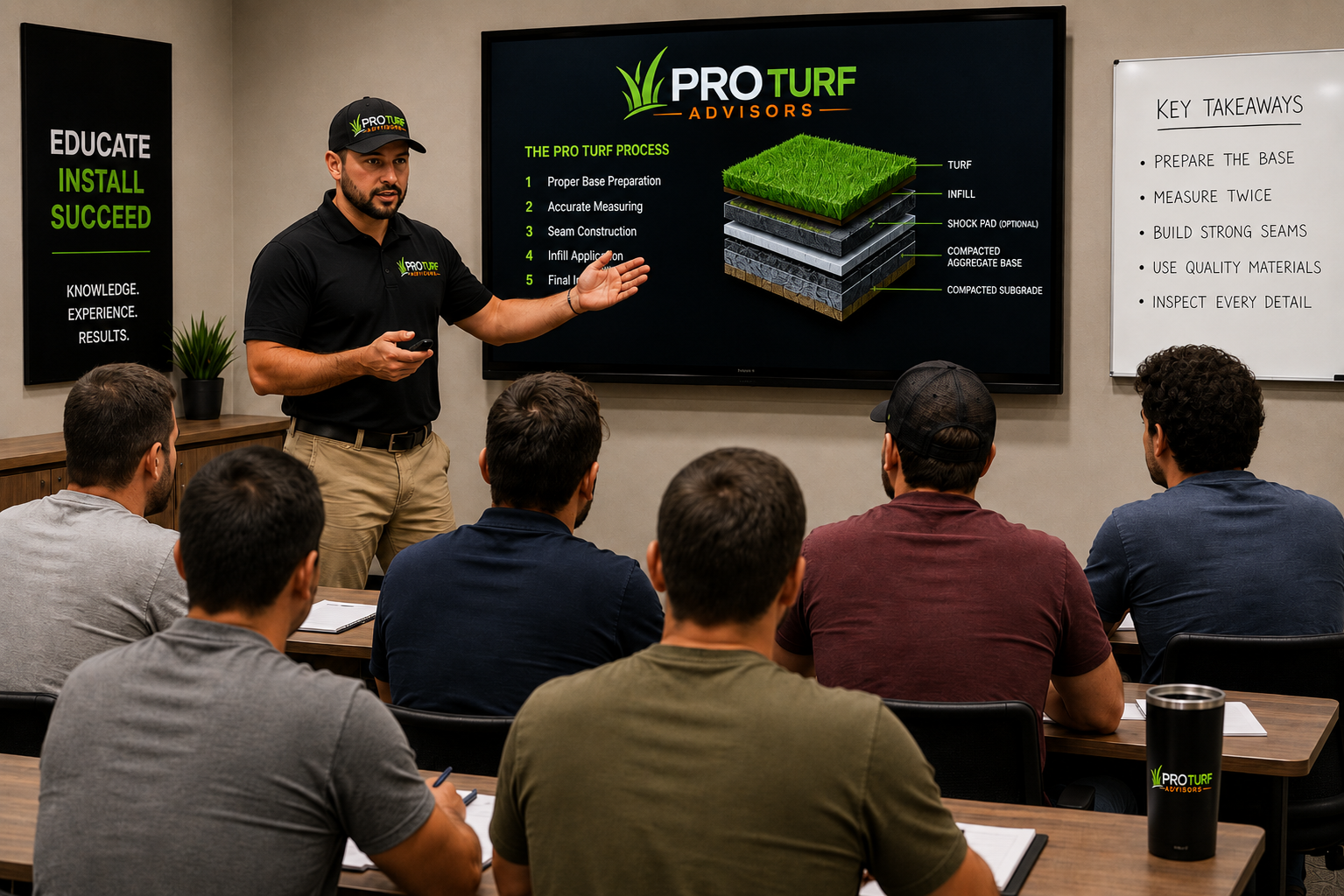 A man giving a presentation to a group of five men seated at a table in a conference room. The presenter stands next to a large screen displaying information about turf installation, with the Pro Turf Advisors logo. The room has motivational posters, one reads 'Educate, Install, Succeed' and another about key takeaways for preparing and building strong turf seams.