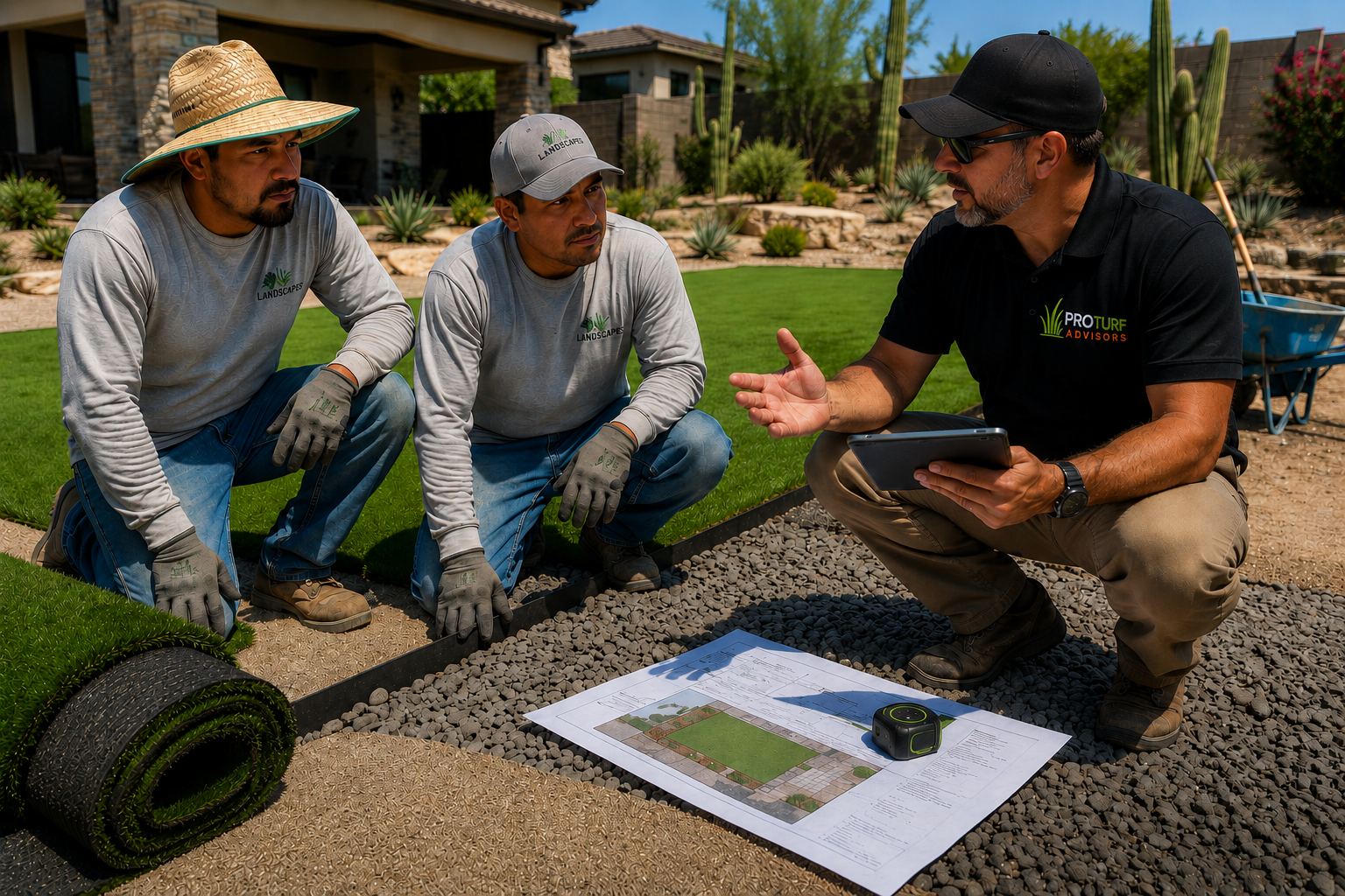 Three men discussing landscape design plans in a yard, with landscaping tools, blueprints, and a tablet, in bright sunny weather.