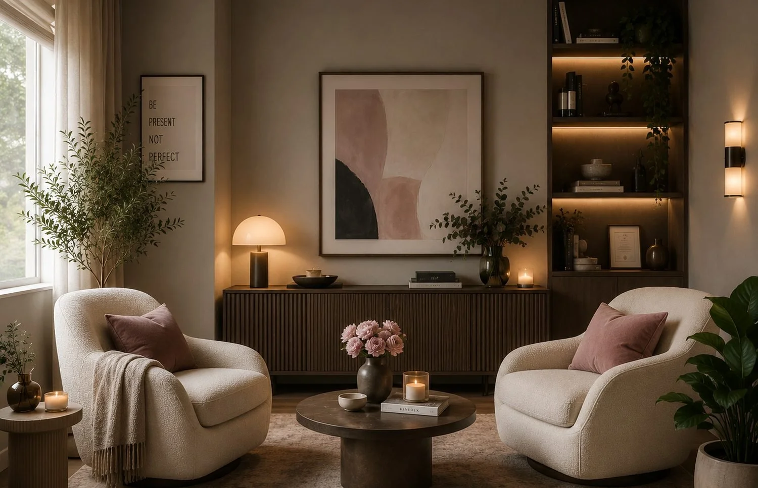 Cozy living room with two beige armchairs, a dark wood sideboard, and built-in bookcase illuminated with warm lighting. Decor includes framed artwork, plants, table lamps, candles, and decorative items, creating a warm atmosphere.