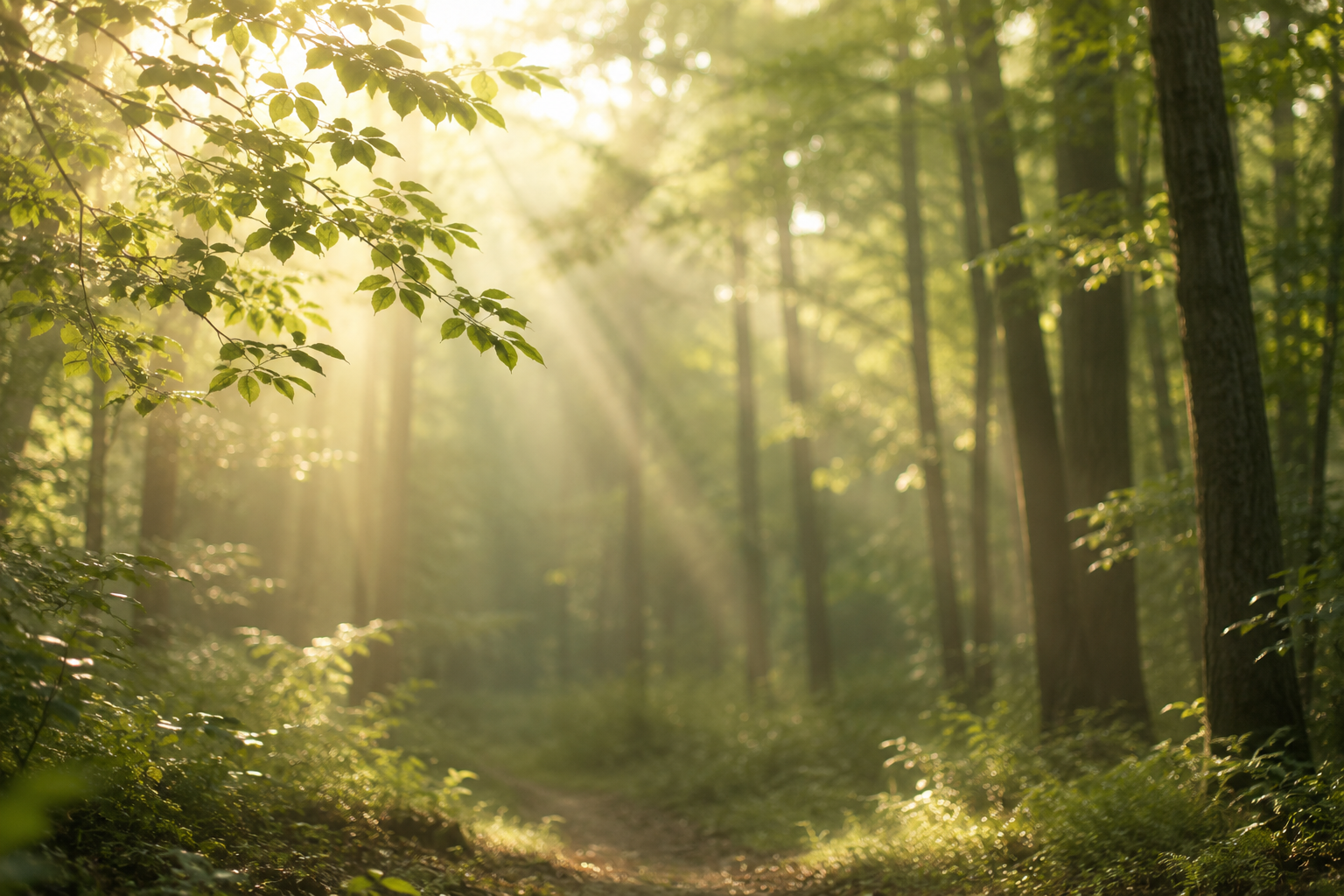 Sunlight filtering through green leaves in a forest with a narrow dirt path