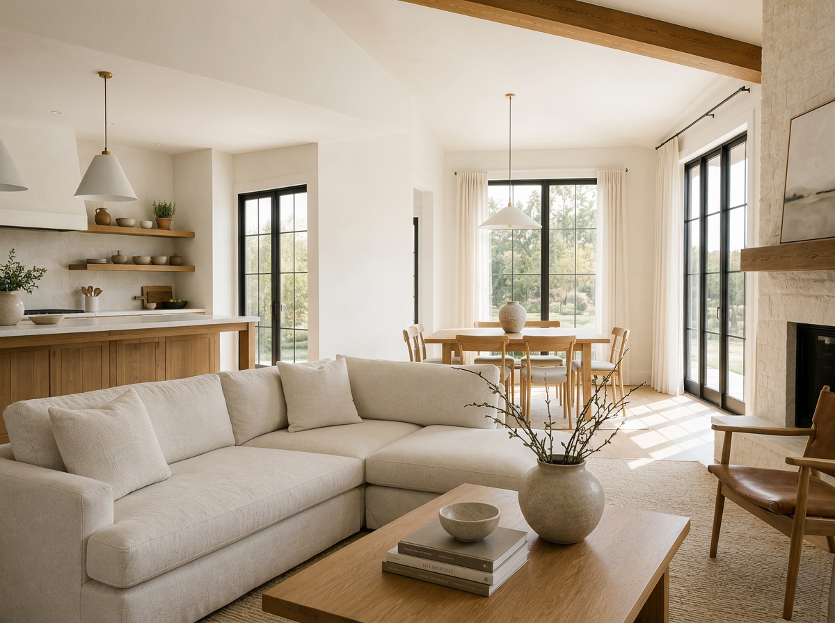Living room with cream sectional sofa, wooden coffee table, open kitchen with white cabinets and open shelves, wooden dining table with chairs, large windows with curtains, fireplace, and natural light.