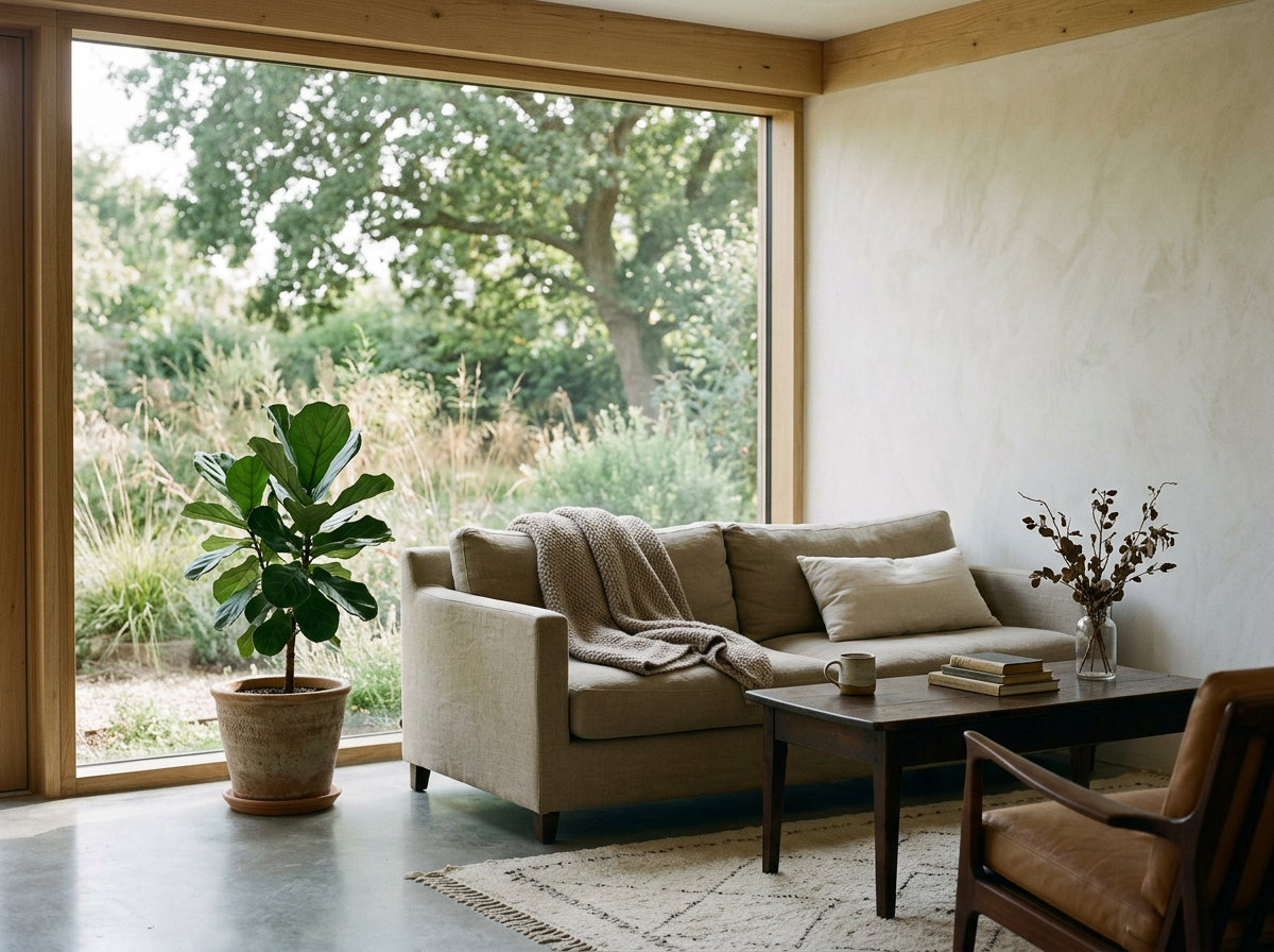 Living room with beige sofa, wooden coffee table with books and a vase with dried branches, a potted plant, and a large window showing greenery outside.