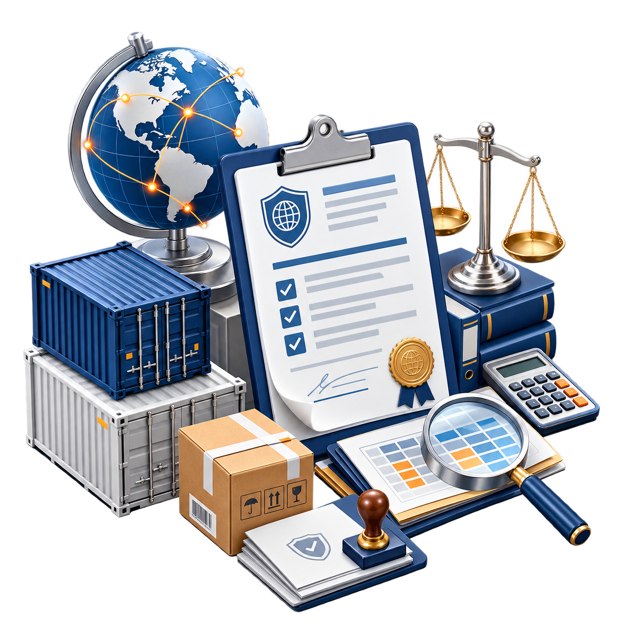 Ilustración con elementos relacionados con comercio internacional y comercio en línea, incluyendo un globo terráqueo, cajas de envío, un documento con un sello, una balanza, una calculadora, y otros objetos de oficina.