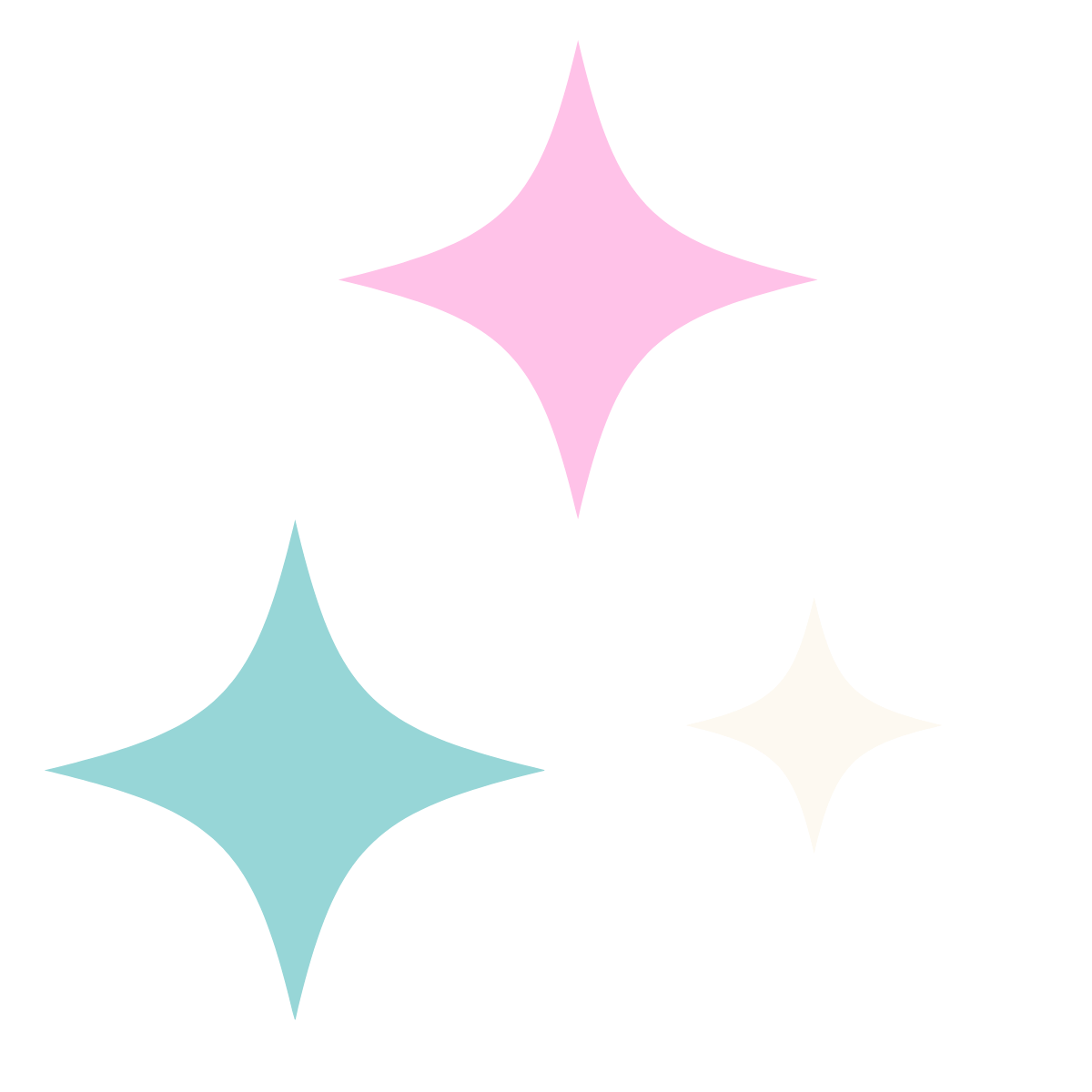 Three pastel-colored star-shaped sparkles, pink, blue, and white, graphic for Bright Beginnings Occupational Therapy and Wellness