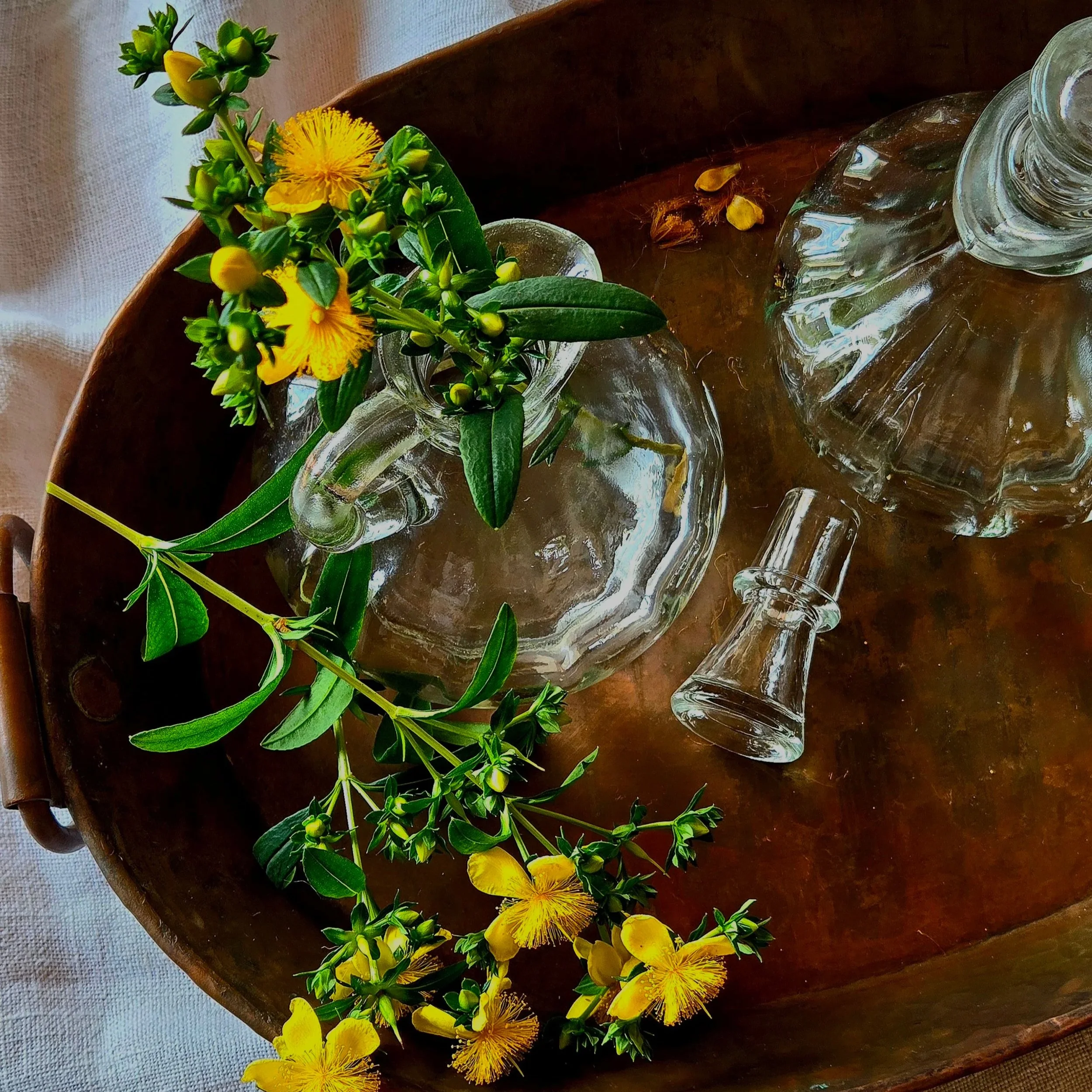 A bronze tray with a branch of yellow flowers and green leaves, and two glass cruets.