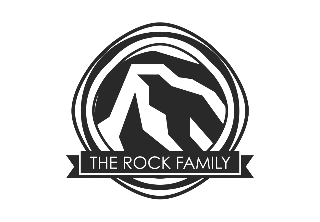 A logo featuring a stylized mountain and tree design with the words 'The Rock Family' underneath.