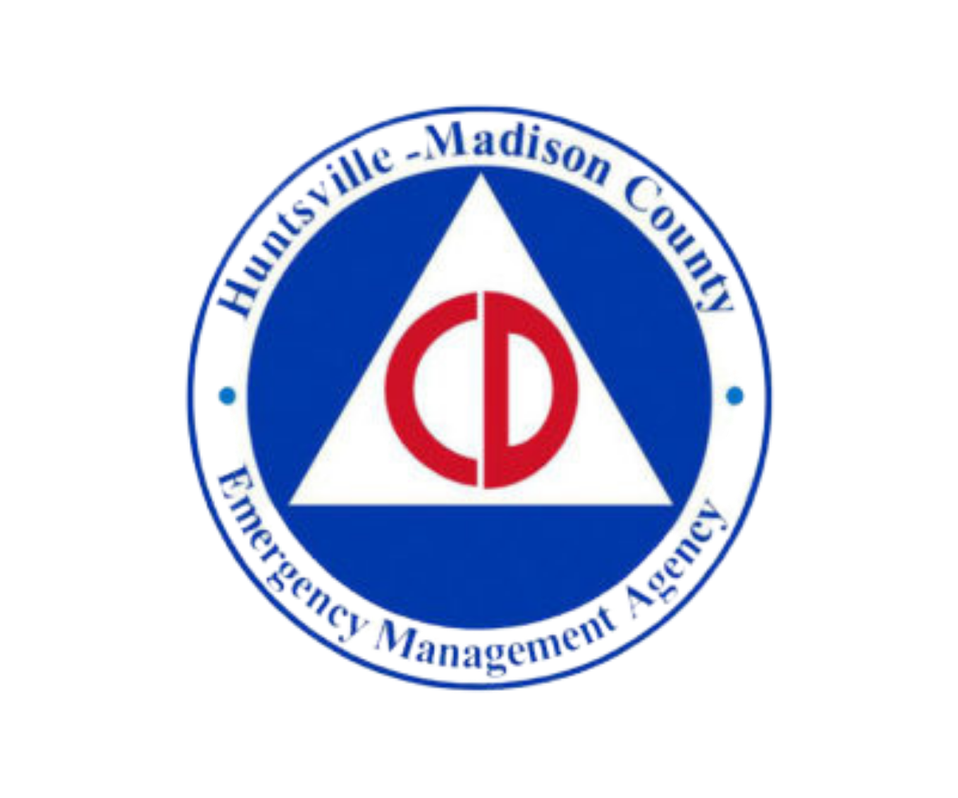 The logo of the Illinois Madison County Emergency Management Agency, featuring a white triangle with a red circle and the letter 'D' inside, surrounded by a blue circle with white text.
