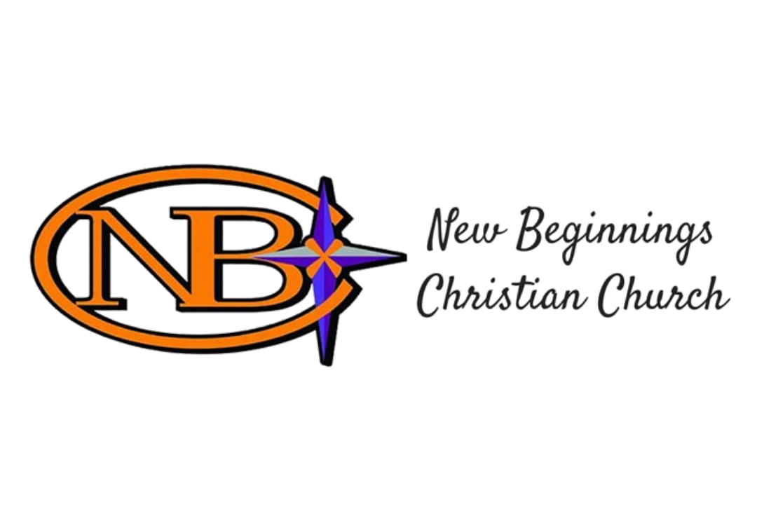 Logo for New Beginnings Christian Church featuring the letters NBC in orange inside an oval with a compass rose and the words 'New Beginnings Christian Church' in black.