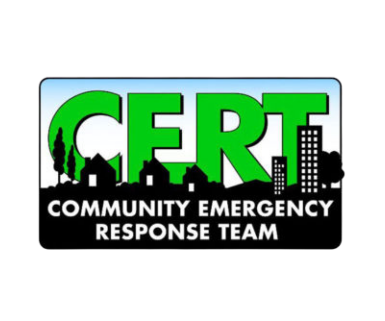 Logo of CERT Community Emergency Response Team with green and black text, cityscape silhouettes, and trees in the background.