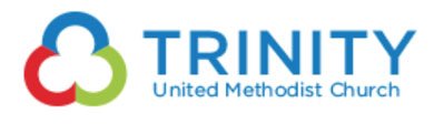 Logo of Trinity United Methodist Church with a graphic of three interlinked circles in blue, red, and green.