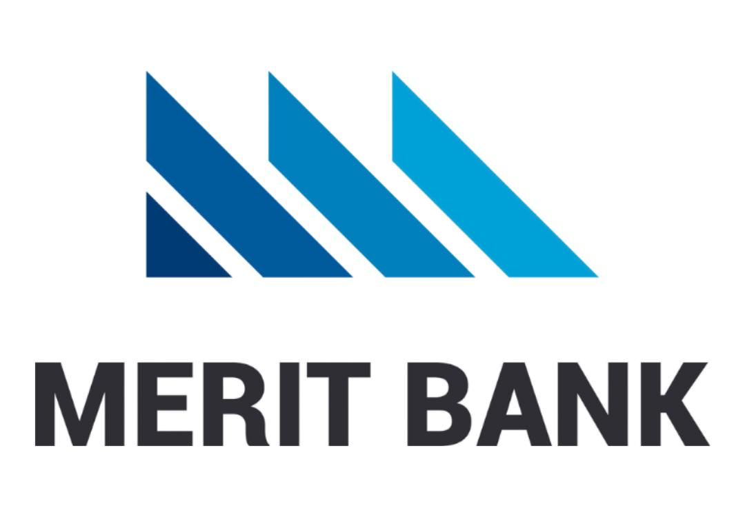 Merit Bank logo with stylized blue and pink geometric design and black text