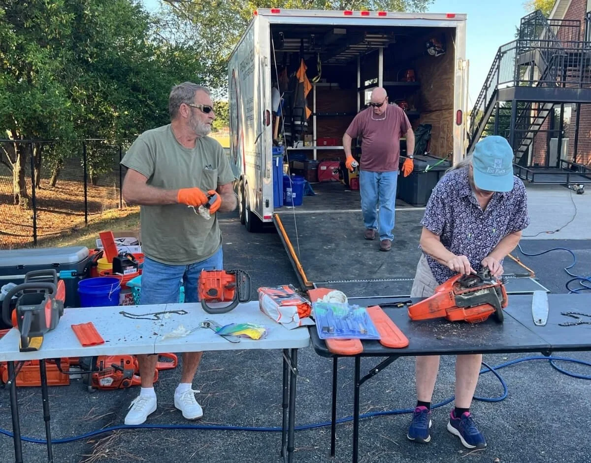Volunteers preparing equipment for storm disaster response