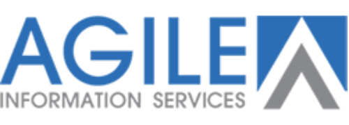 Logo for Agile Information Services, featuring the word "AGILE" in blue letters and an arrow pointing upward integrated into the letter "A" in gray.